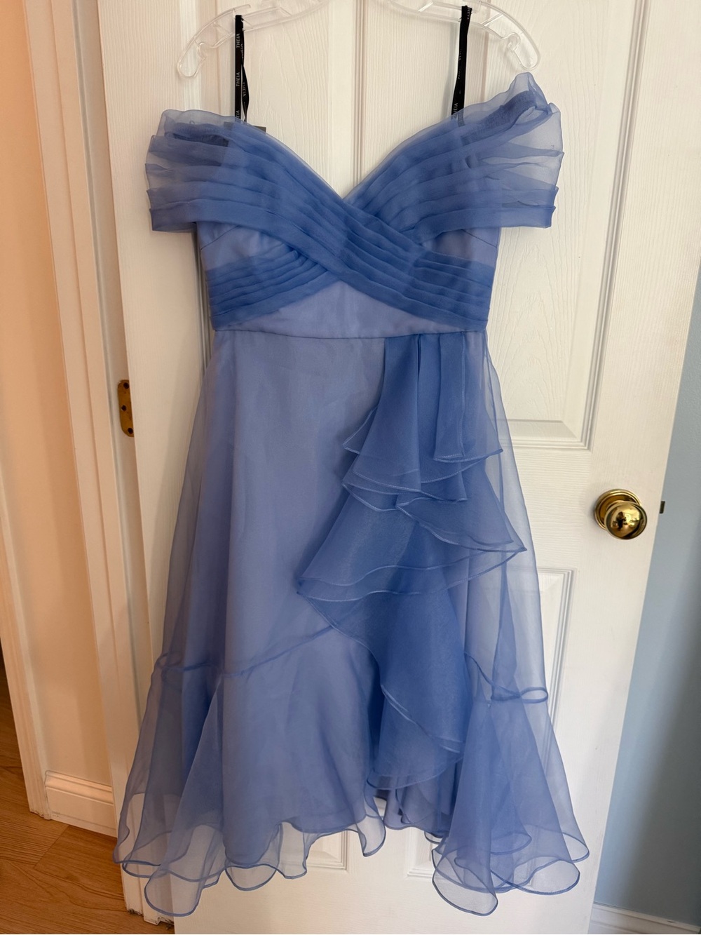 Theia Couture Lavender Blue Off-Shoulder Ruffled Cocktail Midi Dress
